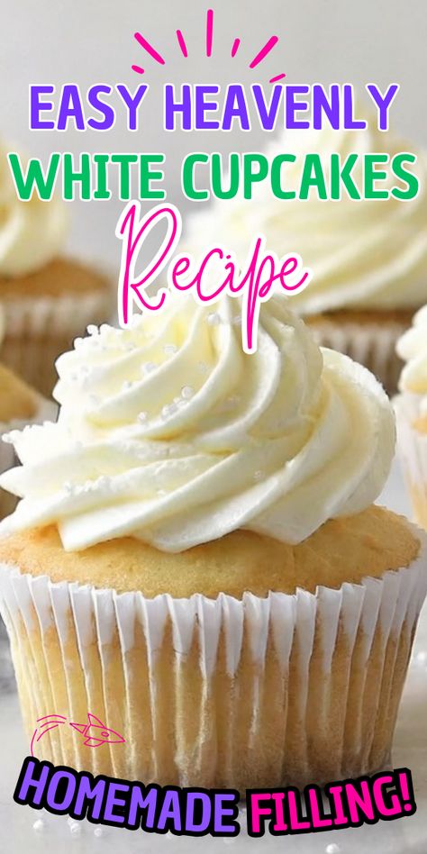 Heavenly White Cupcakes Recipe Best White Cupcake Recipe, White Cake Mix Cupcakes, White Cupcake Recipe, White Cake Cupcakes, Moist Cupcake Recipes, White Cupcake Recipes, Moist Cupcakes, Fluffy Frosting, Cupcakes Recipes