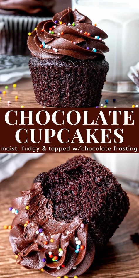 These delicious chocolate cupcakes are extremely moist and fudgy with a delicious chocolate flavor and creamy chocolate frosting. The recipe is simple to make and better than any bakery #chocolatecupcakes #cupcakes #chocolate #chocolatefrosting #doublechocolate from Just SO Tasty https://www.justsotasty.com/ultimate-double-chocolate-cupcakes/ Fudgy Chocolate Cupcakes, Gourmet Birthday Cupcakes, Buttermilk Chocolate Cupcakes, Classic Chocolate Cupcakes, Chocolate Cupcakes Decoration Ideas, Homemade Birthday Cupcakes, Chocolate Cupcake Decorating Ideas, Chocolate Cupcake Frosting, Chocolate Frosting For Cupcakes