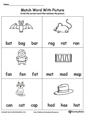 Match Word with Picture: AT Words: Provide your child with experience in identifying words ending in –AT by matching the words with each picture. Kertas Kerja Prasekolah, At Words, Aktiviti Prasekolah, Cvc Words Kindergarten, Kindergarten Phonics Worksheets, English Worksheets For Kindergarten, Vowel Worksheets, Word Family Worksheets, Kindergarten Reading Activities