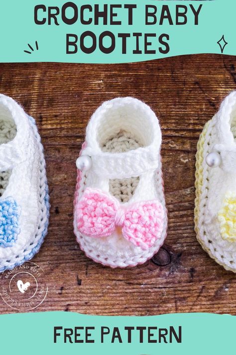 Crochet Bow Baby Booties (Free Pattern) - Maisie and Ruth Crochet Baby Shoes Free Pattern, Crochet Baby Booties Free Pattern, Baby Booties Free Pattern, Crochet Baby Booties Pattern, Shoes Crochet, Baby Booties Knitting Pattern, Crochet Baby Boots, Crochet Baby Sandals, Crochet Baby Shoes Pattern