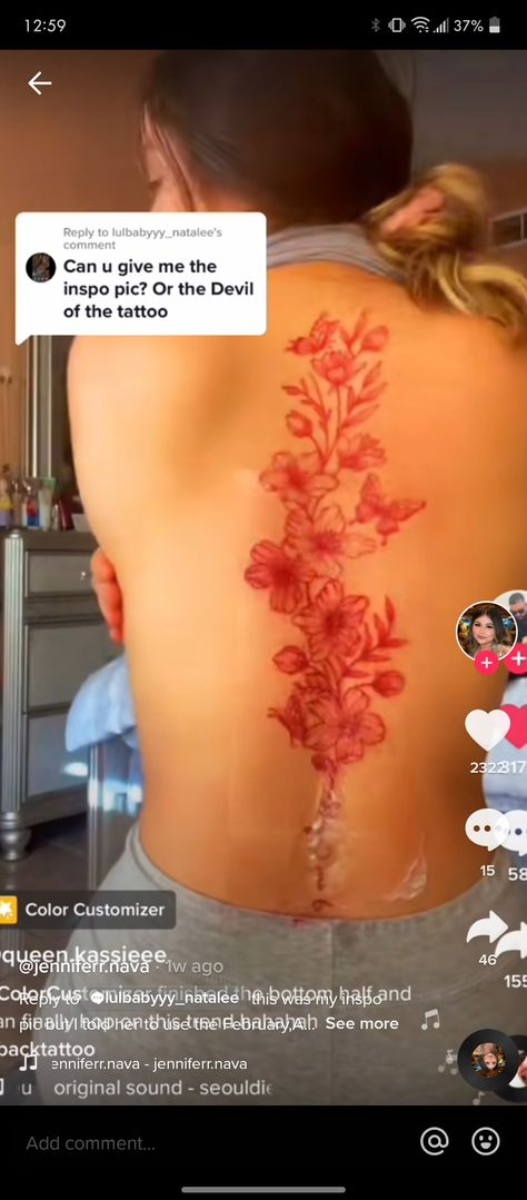 Red Collarbone Tattoos For Women, November Birth Flower Spine Tattoo, Hibiscus Flower Spine Tattoo, Red Flower Back Tattoo, Hibiscus Spine Tattoo, Spinal Tattoo Women Ideas, Red Ink Back Tattoo, Red Spine Tattoos For Women, Red Ink Flower Tattoo