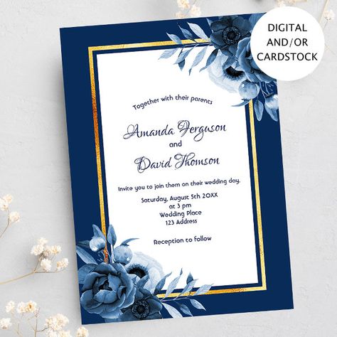 Navy blue white florals gold wedding invitation Mustard Wedding Invitations, Gold Wedding Invitations Elegant, Mustard Wedding, Gold Reception, Blue Gold Wedding, Gold Wedding Invitation, White Florals, Blue Wedding Invitations, Gold Wedding Invitations