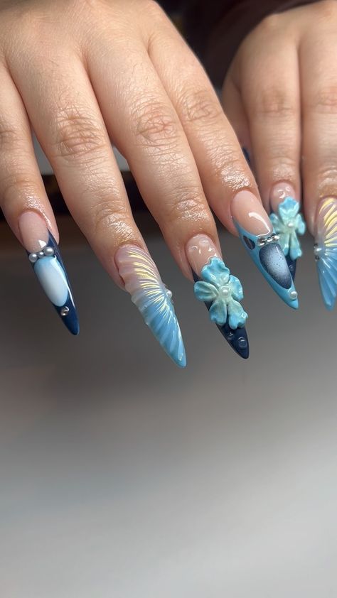 Blue spring 🦋 . Inspo: @peachy.nailz 😍 . . . . . . . . . . #newnailideas #abstractnaildesigns #trendingsounds #bluenails… | Instagram Blue 3d Flower Nail Designs, Long 3d Nails, 3d Flower Nails Blue, Blue Gel X Nail Designs, Nails With 3d Designs, Beach Acrylics, Something Blue Nails, Blue 3d Nails, Creative Nails Designs