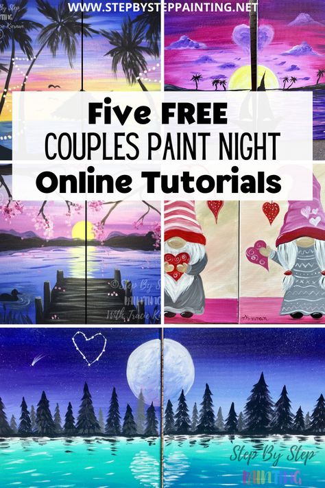 Couples Painting Tutorials - Free Online Paint Night At Home Couples Art Painting Diy, Easy Painting Ideas For Couples, Easy Paintings For Couples, Sip And Paint Ideas Couples At Home, Paint Date Night At Home, Cute Couple Paintings Easy, Canvas Painting Ideas For Couples, Couple Painting Ideas On Canvas, Couples Paint Night