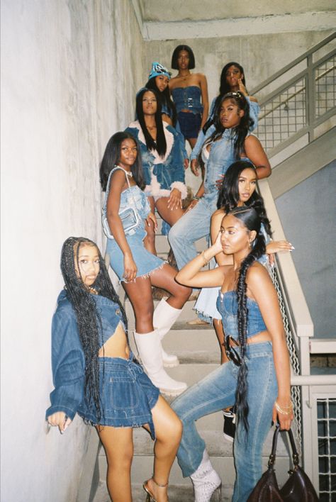 90s Photoshoot Friends, Denim Photography Photo Shoots, Black Women Group Photoshoot Ideas, Color Coordinated Outfits Friends Black, Group Photoshoot Black Women, Group Denim Photoshoot, Friend Photoshoot Outfit Ideas, Group Fashion Photoshoot, 90s Best Friend Photoshoot