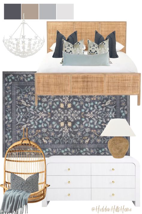 Teen girls room decor mood board with navy blue tones Feminine Blue Bedroom, Blue And White Teen Bedroom, Dark Blue Girls Bedroom, Teen Girl Blue Bedroom Ideas, Navy Blue Girls Bedroom, Girls Room Mood Board, Girls Blue Bedroom Ideas, Girls Room Blue, Blue Girls Bedroom