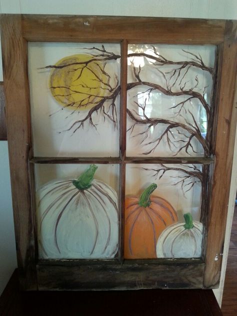 My attempt at painting a Fall scene on a old window! Painting On Old Windows Ideas, Fall Window Scene, Fall Window Pane Ideas, Painted Fall Windows, Painted Window Panes Diy, Fall Themed Window Painting, Window Painting Ideas Fall, Fall Window Art Painting, Fall Window Painting Store Fronts