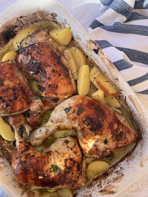 Kotopoulo Lemonato - Lemon Chicken and Potato Bake — Νικολέττας Kitchen Garlic Roasted Chicken, Greek Chicken And Potatoes, Cyprus Food, Oven Meals, Chicken And Potato, Roasted Chicken And Potatoes, Roasted Garlic Chicken, Water Lemon, Poultry Dishes