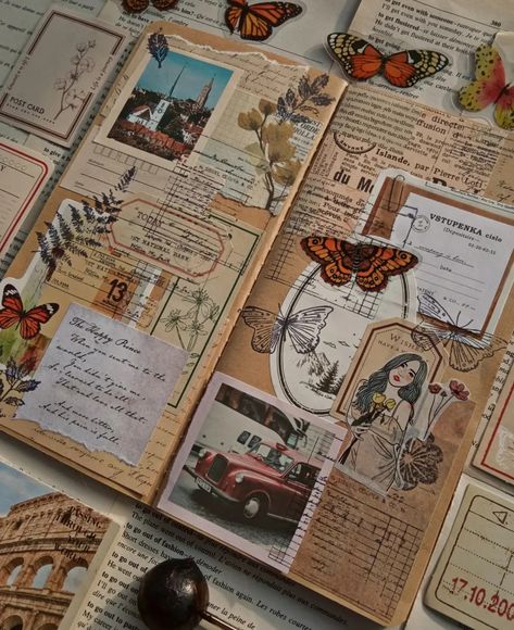 Scrapbook Journal Inspiration, Sticker Collage Ideas Art Journals, Vintage Art Journal Pages Ideas, Collage Pages Art Journaling, Collage Journal Pages, Cottagecore Journal Ideas, Goth Journal Ideas, Scrapbook Junk Journal, Junk Journaling Aesthetic