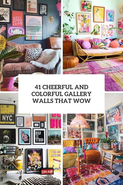 cheerful and colorful gallery walls that wow cover Bold Wall Decor, Gallery Wall Different Color Frames, Bedroom Wall Decor Colorful, Vibrant Gallery Wall, Maximalist Gallery Wall Living Room, Maximalist Picture Wall, Bright Gallery Wall, Colorful Art Wall, Gallery Wall Maximalist