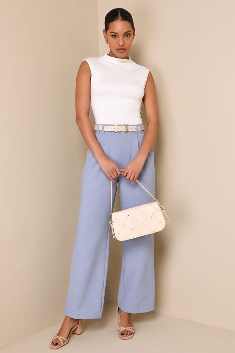 Light Blue Pants Outfit Work, Blue Pants Outfit Work, Light Blue Pants Outfit, Light Blue Trousers, Blue Pants Outfit, Pants Outfit Work, Light Blue Pants, Blue Highlights, Chic Pants