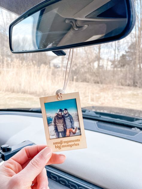 A personalized photo hanging car charm diffuser with your favorite photo memory making it a one of a kind gift for yourself or a loved ones. They make great teacher gifts, student gifts, Christmas gifts, stocking stuffers, wedding gifts and so much more! ⟡ To use, simply add essential oils or a fragrance oil directly to the white lava stone located at the top of the charm. Slip and attach to your rear view mirror and breathe in that calming scent and feel cute as heck. Reapply oil to bead when s Gifts For Her Car, Car Mirror Ornaments, Personalized Laser Engraved Gifts, Student Gifts Christmas, Car Polaroid, Wood Photo Frame Design, Glow Projects, Personalized Gifts Christmas, Photo Hanging