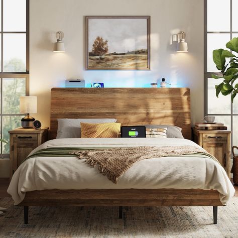 PRICES MAY VARY. Wood Bed Frame with Ergonomic Headboard & RGB Lights: Enjoy ultimate relaxation with a 95-degree tilted headboard that contours to your back. Bed frame integrated RGB lights with 20 colors, 8 brightness levels, and 20 modes create captivating atmospheres, enhancing your bedtime experience. Dimension： 83.5”L*56.3 ”W*40.9”H ( Suitable for 75” x 54” Mattress） Convenient Storage Shelf with Charging Station: The headboard of this full size bed frame includes a storage shelf and built Headboard With Cabinets, Scandinavian Master Bedrooms Decor, Wooden Bed Frame Bedroom Ideas, Wood Bed Frame Full, Oak Wood Bedroom, Natural Wood Headboard, Headboard Farmhouse, Wood Bed Frame Queen, Farmhouse Bed Frame