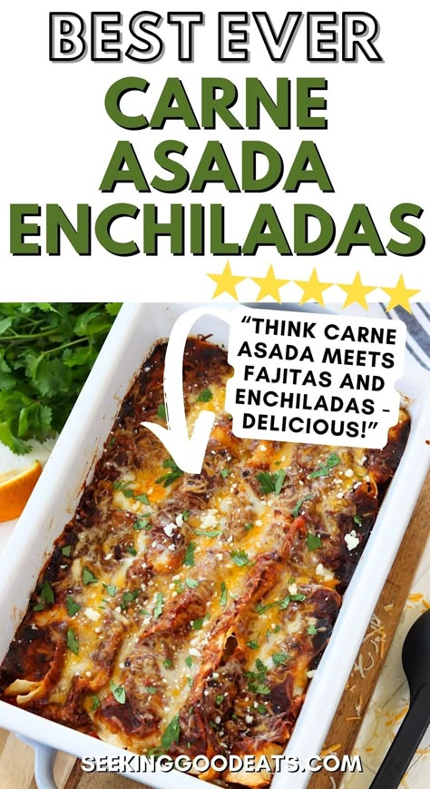 Carne Enchiladas are unique and tasty - carne asada meets fajitas and enchiladas! This Mexican recipe is flavor-packed with caramelized onions and peppers with chipotle-rubbed flank steak and melted Mexican cheeses wrapped in a corn tortilla (flour may also be used) and smothered in our bold red enchilada sauce. The whole family will love this dinner recipe. A make-ahead casserole recipe that's freezable! Instructions for adapting to a low carb and keto recipe are provided. Carne Asada Enchiladas Recipe, Steak Enchiladas Recipe, Carne Asada Enchiladas, Dinner Reciepes, Steak Enchiladas, Carne Asada Recipes, Beef Enchilada Recipe, Work Recipes, Mexican Night