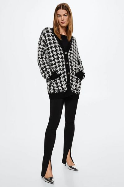 38 Fashion Pieces Inspired by Wednesday Addams | The Everygirl Houndstooth Cardigan, Style Oversize, Hem Leggings, Cardigan Outfit, Womens Biker Jacket, Cardigan Outfits, Garment Labels, Knit Cotton, Black Cardigan