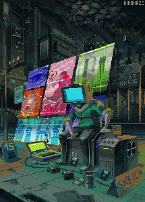 Coding Aesthetic Wallpaper Laptop, Cyberpunk Pixel Art, Pixel City, Pixel Life, Pixel Art Landscape, Tv Head, Pixel Art Background, Vaporwave Art, Pixel Animation