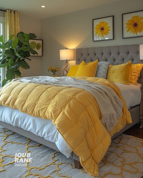 Yellow And Grey Room Ideas, Yellow Master Bedrooms Decor, Yellow And Gray Bedroom Ideas, Grey Yellow Bedroom, Yellow And Grey Bedroom, Grey And Yellow Bedroom, Yellow Gray Bedroom, Modern Home Bedroom, Amazing Interior Design