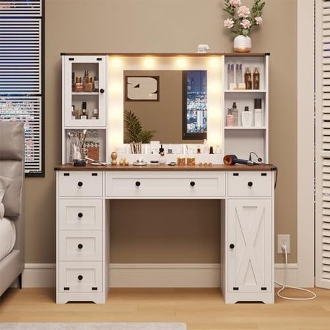 DICTAC Makeup Vanity Desk with Mirror and Lights, Farmhouse Vanity Table with Charging Station, 43'' Bedroom Dressing Table with 6 Drawers & 2 Cabinets, 3 Color Lighting Modes, White Makeup Desk With Mirror, Farmhouse Makeup Vanity, White Vanity Table, Vanity Desk With Mirror, Desk With Mirror, Makeup Vanity Lighting, Makeup Vanity Desk, Table With Charging Station, Farmhouse Vanity