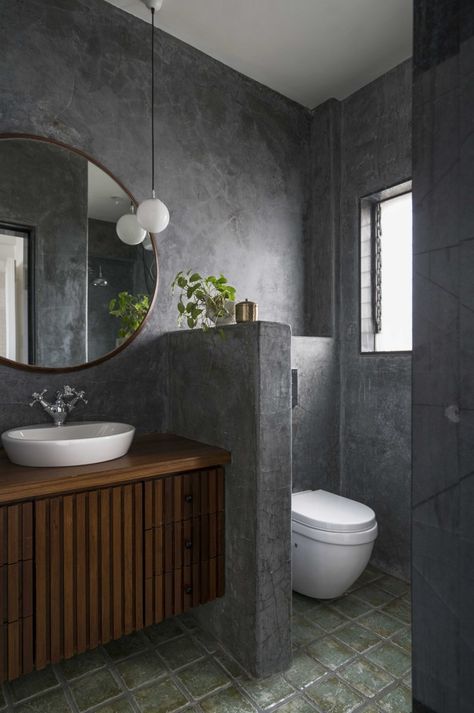 Apartment Design With Concept Of Wabi-Sabi, Simple And Close To Nature | Amoeba Design - The Architects Diary Small Bathroom With Shower Only, Wabi Sabi Bathroom Inspiration, Concrete Bathroom Design, Wabi Sabi Bathroom, Wabi Sabi Interior, Small Bathroom With Shower, Casa Loft, Concrete Bathroom, Small Toilet