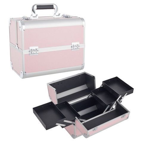 Product Details Extra Large Space Storage Beauty Box Make up Nail Jewelry Cosmetic Vanity Case Features: 100% brand new and high quality ALUMINUM FRAME - Sturdy protection but light weight, easy carry to everywhere. Reinforced aluminum alloy can strongly support the tray. Large bottom storage space, prefect for storing the eyeshadows, bottles, creams and a small LED nail lamp. GREAT ORGANISER - A perfect solution to the mass and scattered bits and bobs that would appear all over the house, with this box, everything will be in place and can be accessed in an instant. Best present for daughter, friend or yourself, everyone needs a case for their kit which this is perfect for. MULTI-PURPOSE STORAGE CASE - Ideal for organising the cosmetics such as: foundation, eye-shadows, lipsticks, mascaras Suitcase Makeup Vanity Diy, Vanity Box Makeup, Makeup Box Design, Makeup Vanity Box, Asthetic Stationery, Makeup Vanity Case, Jewelry Container, Cosmetic Organiser, Makeup Organiser