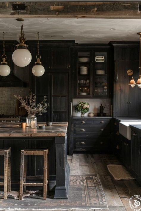 Moody Vintage Kitchen, Gothic Farmhouse Kitchen, Dark Farmhouse Decor, Treehouse Kitchen, Dark Farmhouse Kitchen, Moody Cabin, Dark Moody Kitchen, Farmhouse Gothic, Black Farmhouse Kitchen