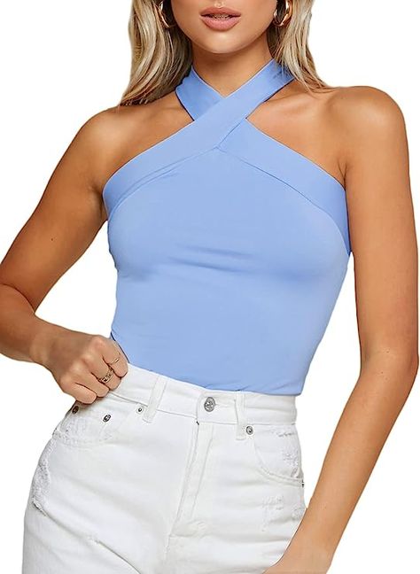 Perfect for going out, beach, holiday, dating, party and casual daily summer wear Criss Cross Halter Top, Womens Halter Tops, Halter Neck Top, Slim Fit Dresses, Necklines For Dresses, Strap Tops, Sleeveless Shirt, Women's Casual, Sleeveless Blouse