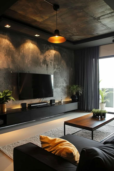 40 Interior Design Ideas for a Stunning Black Living Room Black Tiles Living Room Interior Design, Living Room Black Decor Ideas, Black Wall Decor Ideas Living Room, Dark House Interior Design Living Room, Light Wood With Black Accents, Mens Modern Living Room, Black Statement Wall Living Room, Dark Flat Design, Cozy Tv Room Ideas Small