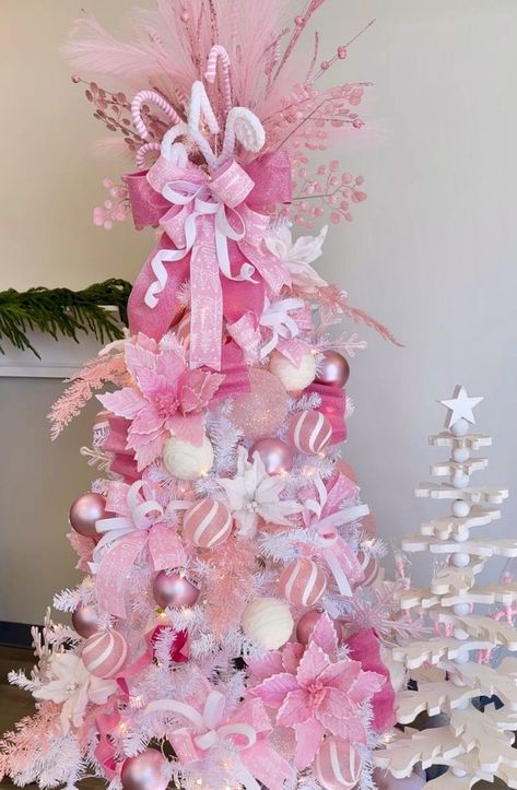 Little Pink Christmas Tree Girl Rooms, Girls Bedroom Christmas Tree, White Tree With Pink Decorations, White Christmas Tree Pink Ornaments, Girls Christmas Tree Bedroom, White Tree Pink Ornaments, Pink Peppermint Christmas Tree, Small Christmas Tree Ideas Bedroom, Girls Pink Christmas Bedroom