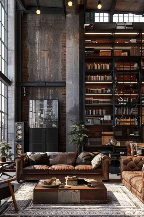 Create an Edgy Look with Industrial Loft Inspirations 🏙️✨ Design a chic and modern loft with industrial decor. Use exposed brick, metal accents, and reclaimed wood for a stylish urban feel. 🌿🔧 #IndustrialLoft #HomeDecor #UrbanStyle #LoftInspo Warehouse Living Aesthetic, Dark Industrial Apartment, Tiny Industrial Apartment, Mcm Industrial Living Rooms, Industrial Home Design Small Spaces, Warehouse Home Converted, Loft Design Industrial, Soft Industrial Decor, Nyc Loft Apartment