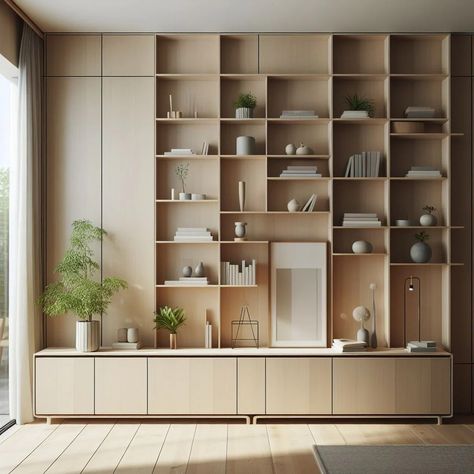 Japandi Bookshelves Ideas for Zen Home Decor - Mojo Boutique Japandi Interiors Moodboard, Elegant Japandi, Minimalist Bookcase, Bookshelves Ideas, Tranquil Home, Japanese Living Room, Zen Home, Japandi Interiors, Built In Shelves Living Room