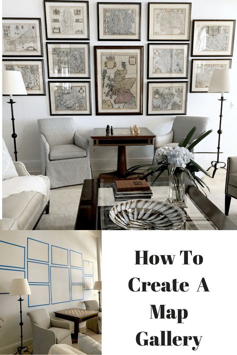 Map Gallery Wall, Home Office Layouts, Classic Home Decor, Neutral Living Room, Map Decor, Casual Home, Blue Living Room, Living Room Makeover, Classic Casual