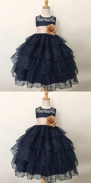 Cute Ball Gown Jewel Navy Blue Lace Flower Girl Dresses with Handmade – QueenaBridal Blue Lace Flower, Flower Girl Dresses Country, Blush Flower Girl Dresses, School Dance Dresses, Kids Formal, Future Dreams, Wedding Dresses With Flowers, Wedding Flower Girl Dresses