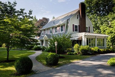 Nice enclosed porch, curb appeal... Western Mass. House Tour: Dutch Colonial Revival in Longmeadow American Colonial House, House Exterior Colonial, Dutch Colonial Exterior, Dutch Colonial Revival, Dutch Colonial House, Colonial Revival House, Dutch Colonial Homes, Gambrel Barn, Colonial House Exteriors