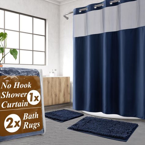 PRICES MAY VARY. 3 PCS BATH SET: Each of navy blue bathroom sets with no hook shower curtain and chenille bath rugs. 1 x shower curtain measures 71"Wx74"L, 2 x bathroom mats measure 17"Wx24"L plus 19"Wx29"L NO HOOK SHOWER CURTAIN: Designed with "Split Rings" that let you hang them easily, features snap-on/off fabric liner with 2 corner magnets, effortlessly attach or remove the liner for easy maintenance and cleaning NON-SLIP BATH RUGS: Our shaggy bath mats process most popular Chenille fabric, Navy Blue Bathroom Ideas, Navy Blue Bathroom Decor, Navy Blue Shower Curtain, Navy Blue Bathrooms, Navy Bathroom, Blue Shower Curtain, Blue Bathroom Decor, Bathroom Mat Sets, Blue Shower Curtains