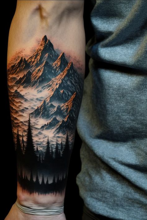 Forest Tattoo Ideas Female, Tattoo With Trees And Mountains, Moutain Tattoos Men Forearm, Mountains Tattoo Men, Guy Tattoos Arm, Realistic Mountain Tattoo Design, Mountain Skyline Tattoo, Moutain Tattoos Men, Mountains Tattoo Sleeve