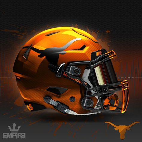 Time to unleash this one. Ive had this pic for 3 weeks now waiting for a good moment to show it off. The shell is a sunset orange metallic pearl paint job. The decals are reflective black. When bright light hits the decals, they turn white. Which UT helme Cool Football Helmets, College Football Uniforms, Football Helmet Design, Texas Longhorns Logo, Ut Football, College Football Helmets, Nfl Football Helmets, 32 Nfl Teams, Texas Longhorns Football