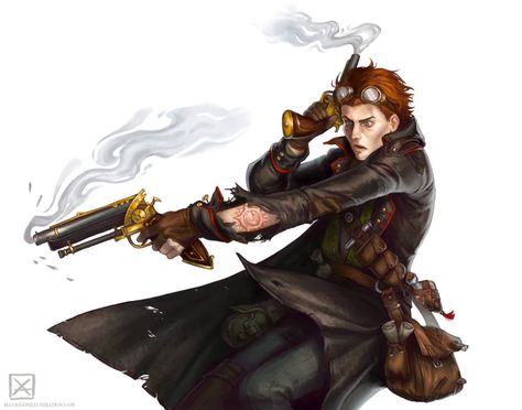 Character Art Magical Gunslinger, Artillerist Artificer Dnd, Halfling Gunslinger, Gunslinger Warlock, Dnd Artificer Artillerist, Gunslinger Rpg, Artillerist Artificer, Elf Artificer, Alchemist Character Design