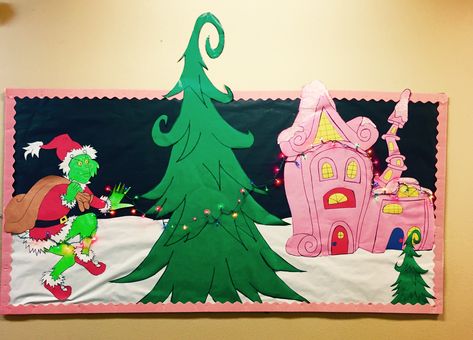 Grinch Tree Bulletin Board, Grinch Bulletin Boards For School, Grinch Themed Bulletin Board, Welcome To Whoville Door Decoration, Grinch Themed Office Decorations, The Grinch Bulletin Board Ideas, Grinch Christmas Bulletin Board Ideas, Grinch Theme Classroom, Grinch School Door