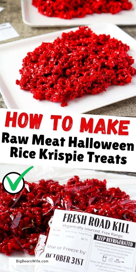 Creepy out your friends and family by serving up platters of Raw Meat Halloween Rice Krispie Treats this year for Halloween! Red Velvet Rice Krispie Treats serves on (clean and unused) meat trays with "road kill" labels will have them running for the hills! via @bigbearswife Raw Meat Rice Krispie Labels, Creepy Rice Krispie Treats, Rice Krispie Meat, Red Halloween Treats, Road Kill Rice Krispie Labels, Road Kill Rice Krispie, Red Velvet “raw Meat” Rice Krispies Halloween Treat, Rice Crispies Halloween Treats, Red Velvet Raw Meat Rice Krispies