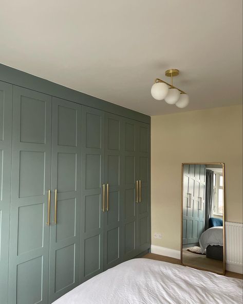 Green Fitted Wardrobes Bedroom, Bedroom Green Wardrobe, Sage Wardrobe Doors, Sage Green Fitted Wardrobes, Sage Green Wardrobe Doors, Olive Green Cupboards Bedroom, Sage Built In Cabinets, Sage Green Bedroom Wardrobe, Sage Green Built In Wardrobe