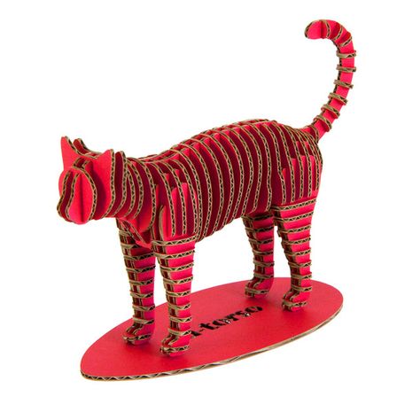 Red kitty cat in cardboard. Slot this feline together with your kids.  www.framuntechno.com Cardboard Cat, Cardboard Sculpture, Cat Sculpture, Collaborative Art, Cat Statue, Diy Cardboard, Dog Snacks, Cardboard Crafts, Pet Treats