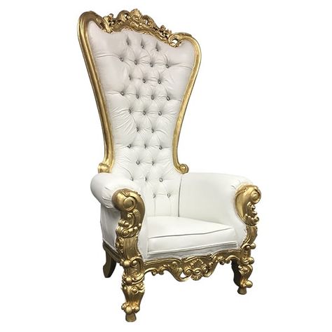 Theodora Throne Chair || Baroque style high back throne chair with white leather upholstry, with gold gilded frame.  Seat height- 16". Dimensions: 38 x 30 x 72. Quantity: 2. Bridal Vibes, Baroque Chair, Royal Chair, King Chair, Fancy Chair, Velvet Wingback Chair, Pouf Design, Victorian Bedroom, Throne Chair