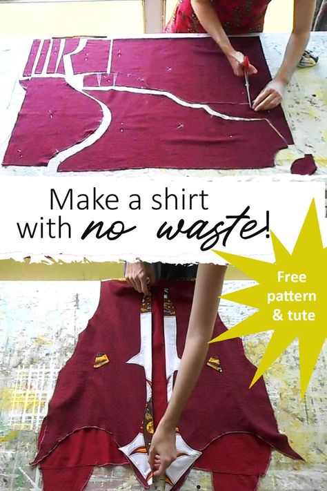 Unique Sewing Patterns, Make A Shirt, Waste Clothing, Sewing Guide, Poet Shirt, Zero Waste Fashion, Shirt Sewing, Beginner Sewing Patterns, Sewing Shirts