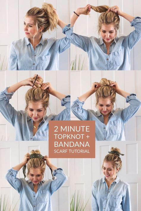 2 Minute Topknot + Bandana Scarf Tutorial (Photo + Video) / 2 minute topknot and bandana scarf tutorial / effortless hairstyle / topknot tips and tutorial / messy bun hairstyle / Topknot Tutorial, Scarf Tutorial, Hair Scarf Styles, Messy Bun Hairstyles, Cute Hairstyles For Medium Hair, Effortless Hairstyles, Bandana Hairstyles, Penteado Cabelo Curto, Bandana Scarf