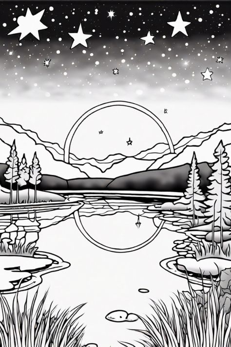 Unwind with our free printable 1 Twinkling Star At A Pond coloring page. Add some sparkle to your day! Night Sky Coloring Page, Starry Night Coloring Page, Sky Coloring Pages, Boosting Creativity, Forest Coloring Pages, Memorial Beads, Enchanted Forest Coloring, Space Coloring Pages, Star Coloring Pages