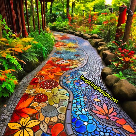 These Stunningly Creative Garden Walkways Turn Your Yard into a Gallery Decorative Walkways Pathways, Garden Walkways Pathways, Magical Garden Ideas, Pathways Ideas Walkways, Garden Walkway Ideas, Walkway Designs, Mosaic Walkway, Garden Walkways, Patio Walkway