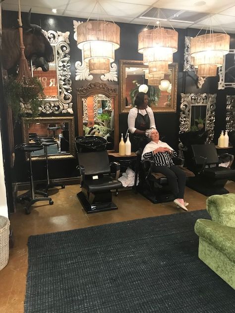 Gothic Hair Salon Decor, Gothic Hair Salon, Goth Hair Salon, Black Hair Salon Aesthetic, Goth Salon, Glam Hair Salon, Hair Station, Salon Aesthetic, Black Hair Salons