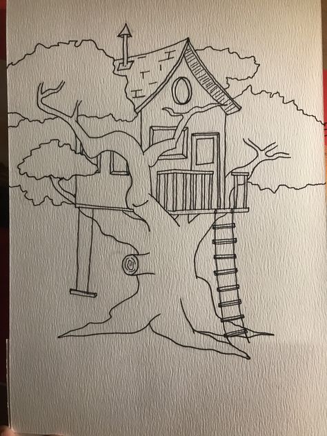 Tree house sketch with fine liner Tree House Sketch, Tree House Drawing, Simple House Drawing, House Design Drawing, Nature Art Drawings, Tree Sketches, House Sketch, صفحات التلوين, Cool Pencil Drawings