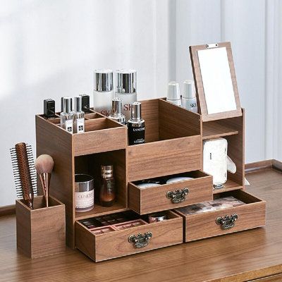 Cosmetics storage box, light luxury fashion, large capacity and multi-function, I will store your beauty | Umber Rea Multi-Layer Makeup Organizer w / Mirror Wood in Brown, Size 9.44 H x 17.44 W x 7.48 D in | Wayfair | Organization Wood Makeup Organizer, Wooden Makeup Organizer, Drawing Room Decor, Makeup Drawer Organization, Makeup Storage Box, Cosmetics Storage, Wooden Organizer, Box Light, Beauty Organization