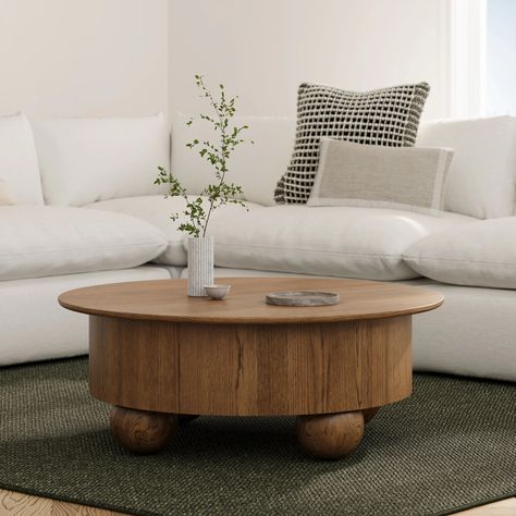 Sigrid Smoked Oak Round Storage Coffee Table, Solid Wood Sphere Legs | Article Contemporary Mediterranean House, Side Table Decor Living Room, Sneaky Storage, Round Coffee Table Living Room, Coffee Table Decor Living Room, Transitional Coffee Table, Handmade Coffee Table, Storage Coffee Table, Article Furniture